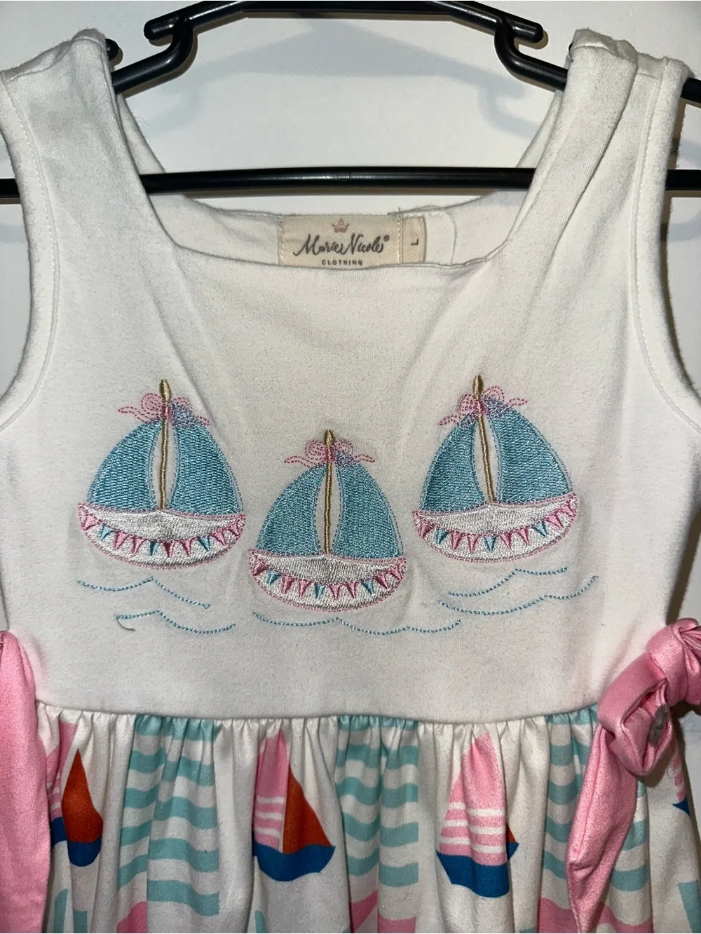 Mini Boden White Sailboat Print Tie-Waist Kids Dress - Pink & Aqua